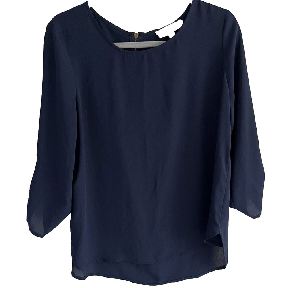 Hippie Rose Blouse Large Navy Roll Tab 3/4 Sleeve Lightweight Back Zipper Career